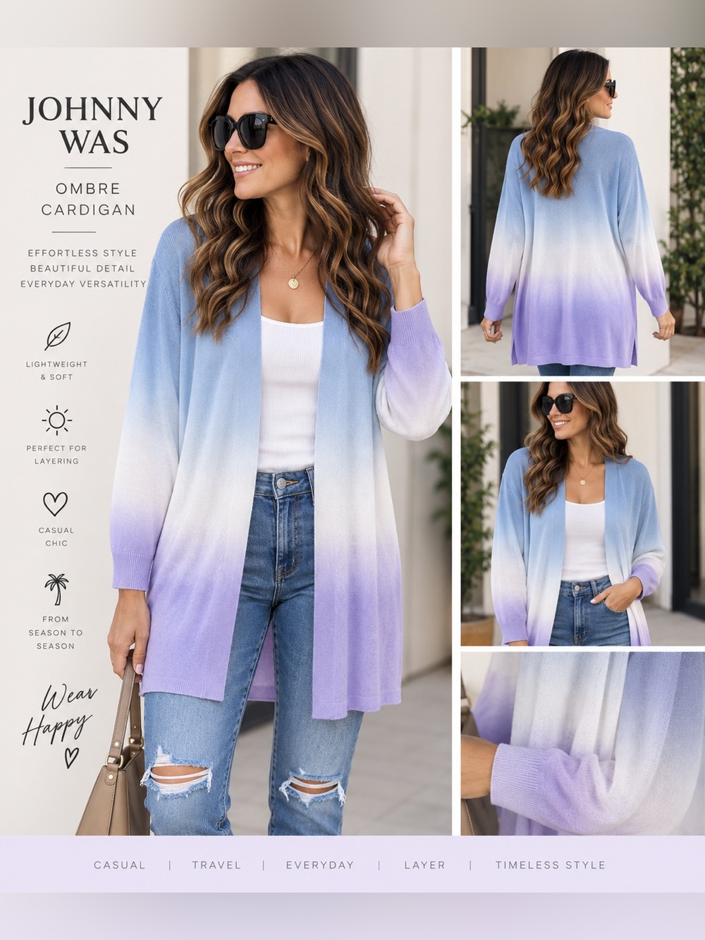 NWT Johnny Was blue to purple dip dye open front cardigan size xs